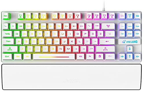 60% Gaming Keyboard with Wrist Rest, 87 Keys Mechanical Feeling Multi Color RGB Illuminated LED Backlit Wired, Anti ghosting Mini Compact Waterproof TKL PBT Keycaps for PC/Laptop/Computer-White
