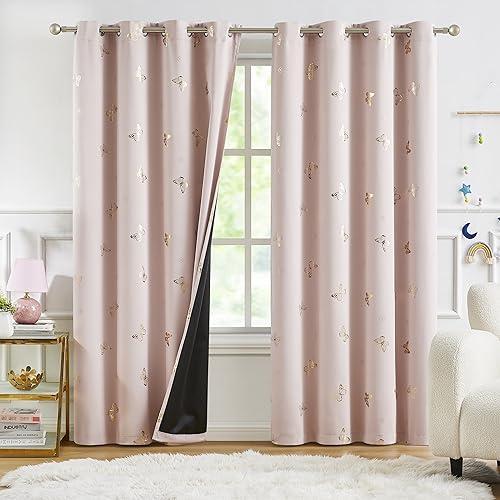 Jubilantex Verdunkelungsvorhänge mit Schmetterlingen, wärmeisoliert, mit Ösen, für Schlafzimmer, Mädchenzimmer, 132 x 240 cm, Rosa / Gold, 2 Paneele
