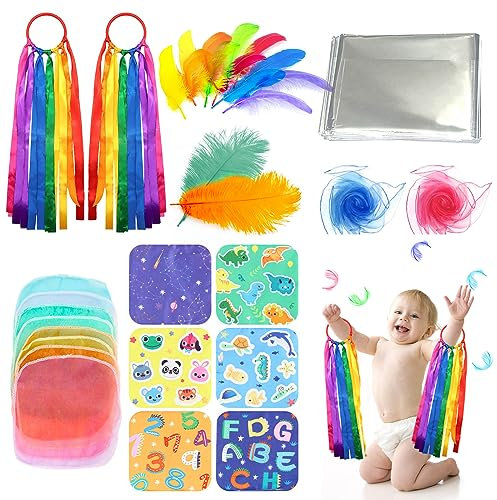 28pcs Baby Sensory Set with Ribbon Toy, Sensory Scarf, Foil Blanket Sensory, Multi-Coloured Feathers and Crinkle Toys for Baby Gift Set, Party Babies Newborn Toddler Presents