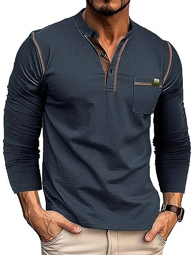 RQPYQF Camisetas Henley de Manga Larga para Hombre, Camisas Casuales con Botones Cuello Henley para Hombre CS02 Tamaño S-2XL (Azul Oscuro, XL)