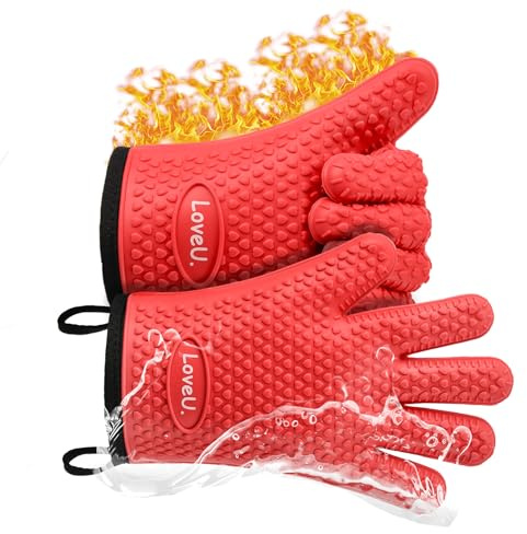 Loveuing Ofenhandschuhe für die Küche, Silikon und Baumwolle, doppellagig, hitzebeständig, Ofenhandschuhe, Grillhandschuhe, perfekt zum Backen und Grillen, 1 Paar (klein, rot)