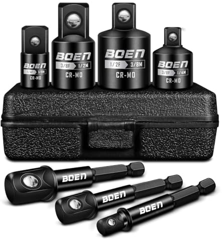 BOEN 7 Pieces Impact Socket Adapter and Reducer Set, 1/4 & 3/8 & 1/2 Drive Socket Adapter Set and 1/4 Drive SAE Hex Shank with Storage Case