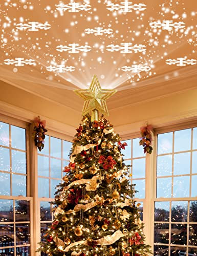 Etoile pour Sapin de Noël dorée avec Projection Flocons de Neige - Projecteur LED diffusant des Flocons, Murs ou Plafond, Angle inclinable, Alimentation Incluse, câble 5m