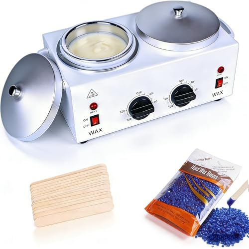 Lrqmte Double Pot à Cire Chaude, Pots à Cire de 1000ml pour Épilation Professionnelle avec 10 Spatules en Bois, Machine à Épiler à Cire à Contrôle de Température pour l'Épilation avec Perles pour