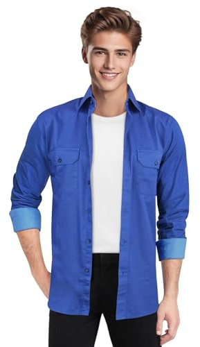 Mens Royal Blue Cotton shirt Long sleeve Casual Denim Blue Flap Pockets Indiana Jones Spread Collar Office Weekend attire (US, Neck Sleeve, 16.5, 34, 35, Royal Blue)