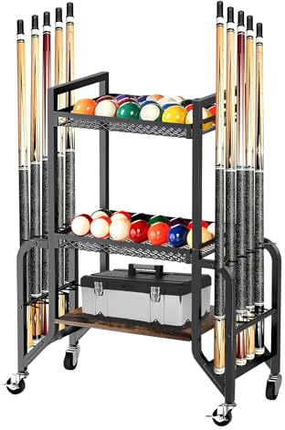 JAOGAUS 3 Etagen Billard Queue Halter für 10 Stöcken, Billardständer, Queue Halterung mit 4 Rollen für Einfaches Bewegen, 2 Davon mit Bremsen, Billard-Ausrüstungsständer, Für Billardzimmer, Bars Club