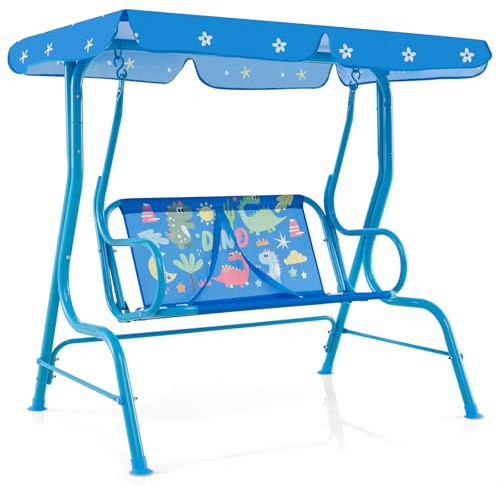RELAX4LIFE Dondolo per Bambini a 2 Posti, con Tettoia Regolabile, Struttura in Metallo, Cinture di Sicurezza, Simpatici Motivi, per Cortile, Veranda e Balcone (BLU)