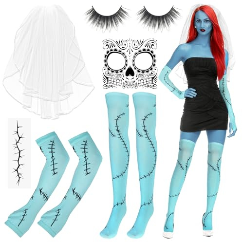 Accesorios de Halloween para Mujer Mangas para Cicatrices Calcetines Hasta la Rodilla Medias Pegatinas para Pestañas Tatuajes de Cicatrices Velo Blanco Disfraz de Fiesta de Navidad Novia Zombi Cosplay
