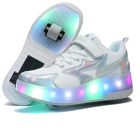 Barn skor med upplysta LED-hjul sneakers med USB uppladdningsbara dubbla hjul utomhus skateboard, Vitt och blått, 38 EU