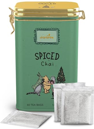 Charbrew Christmas Winnie Spice Chai Tea – 60 Teabags in Reusable Clip-Top Metal Tin | Festive Spiced Black Tea | Perfect Holiday Tea Gift