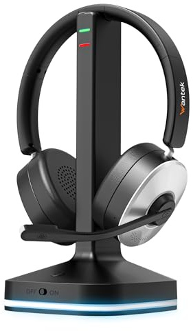 Wantek Auriculares inalámbricos Bluetooth con micrófono, estación de Carga, Dongle USB para PC Oficina Zoom Skype Laptop Centro de Llamadas