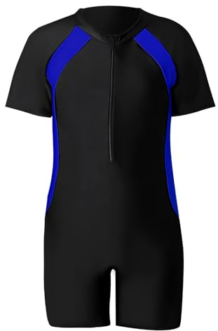 Okdance Costume da bagno per ragazzi e ragazze, costume intero per bambini, a maniche corte, costume da bagno per l'estate, surf, nuoto, sport acquatici, ragazzo ragazza, Blu, 12-14 anni