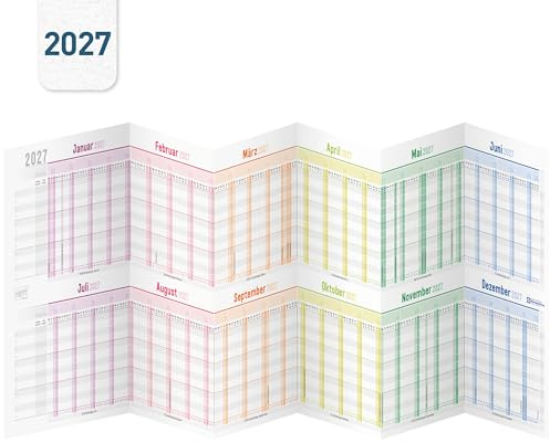 Häfft® Urlaubsplaner 2027 Mitarbeiter A4 Faltkalender Rainbow | Zum Abheften für 12 Personen oder Projekte, faltbar / gefalzt - ausgeklappt 89 x 29 cm, mit Jahresübersicht & Ferien