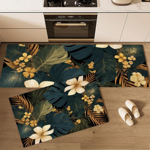 DUOTCYELE Set Di Tappeti Da Cucina 2 Pezzi Monstera Deliziosa Frangipani, Tappetino Cucina Piante Retrotropicali, Tappeti Passatoia Anti Fatica Facili Pulire, Verde, 50x80cm+50x150cm