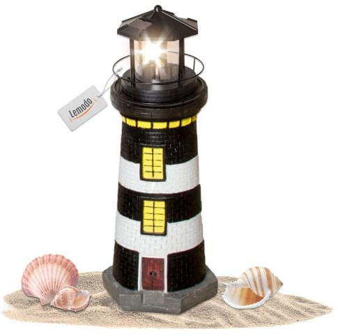 NATIV LED Solar-Leuchtturm mit rotierender Leuchte, handgefertiger Dekoturm für den Außenbereich, 37cm hoch