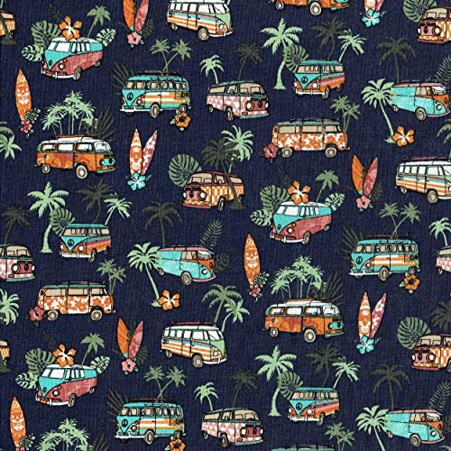Textiles français Baumwollstoff | SURF Stoff - Orange, Türkis, Rosa, Grün & Weiß (Grundfarbe: Marineblau) | 100% Baumwolle | Stoffbreite: 160 cm (pro Laufmeter)*