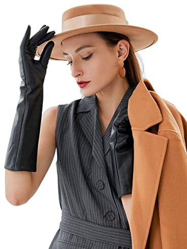 VIKIDEER Elegant Winter Black Long Leather Gloves for Women Full Touchscreen Womens Ladies Warm Lined Genuine Leather Gloves 15.7'' Black Large