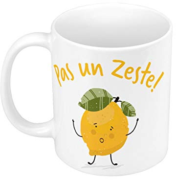 Tazza in ceramica con scritta “No uno Zeste Mignon Humory”, gioco di parte, limone