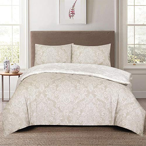 Prime Linens Ensemble de literie avec housse de couette, 4 pièces, en polyester-coton, avec taies d'oreiller et drap avec coins supplémentaires inclus, facile à nettoyer (beige, double, 4 pièces)