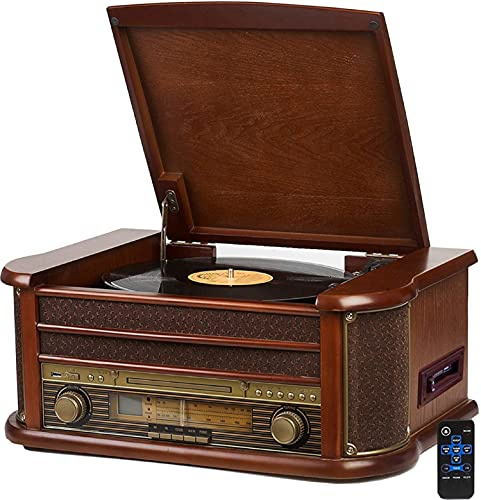 Nostalgie musiksystem i trä | Bluetooth | Kassettdäck | Kompakt system | Retro stereo | skivspelare | Radio | CD MP3-spelare | fjärrkontroll | AUX IN | Hörlursingång