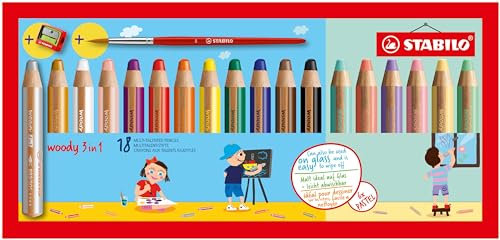 STABILO - Buntstift, Wasserfarbe & Wachsmalkreide - woody 3 in 1-18er Pack mit Spitzer und Pinsel - mit 12 Standard und 6 Pastellfarben