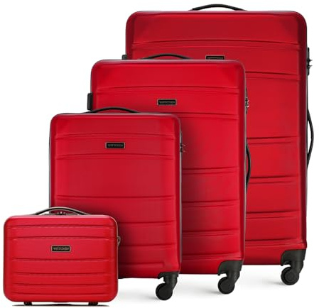WITTCHEN Globe Line Reisekoffer 4teiliges Kofferset Rollkoffer Trolley Handgepäck Hartschale aus ABS 4 Rollen Zahlenschloss Teleskopgriff Rot Lufthansa/Eurowings/Ryanair/Condor/DiscoverAirlines