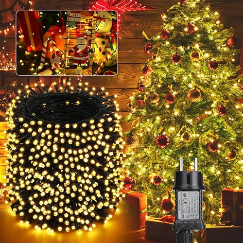 Moxled Lichterkette Weihnachtsbaum - 100M 800 LED Warmweiß Lichterkette Außen Strom mit Timer Speicherfunktion, Grünes Kabel, Wasserdicht 12 Modi Weihnachtsbeleuchtung für Garten Weihnachtsdeko