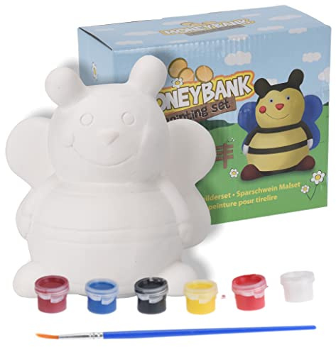 MIJOMA DIY Bastelspaß Sparschwein - Spardose zum Selbst Bemalen aus keramischen Gips für Kinder und Erwachsene - Inklusive Farben und Pinsel (Biene)
