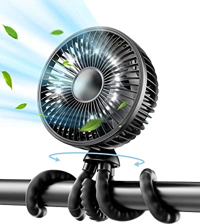 gaiatop Oscillating Baby Stroller Fan, LED Night Light 4 Speeds Rechargeable 360° Rotate Clip On, Battery Operated Small Portable Cooling Fans for Car Seat Crib Treadmill Travel