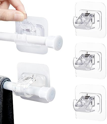 XIACIBDU 4 Pcs Self Adhesive Curtain Rod Bracket, No Drill Drapery Hook Holders, Nail Free Adjustable Curtain Pole Bracket, Transparent Towel Rod Fixing Rod Holder for for Home Kitchen Bathroom Hotel
