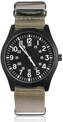 Vicloon Herrarmbandsur kvartsur, bilkalender minimalistisk analog urtavla canvas tyg band herrklocka dagligen armbandsur solrörelse, Grå och vit – japansk rörelse, Militär utomhus sport
