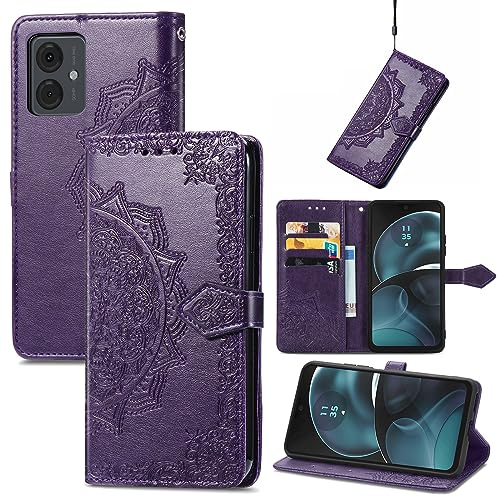 Fertuo Funda para Motorola Moto G14, Carcasa Libro con Tapa de Cuero Piel con Ranuras de Tarjeta, Soporte, Cierre Magnético [Mandala] Wallet Case Flip Cover para Motorola Moto G14, Púrpura
