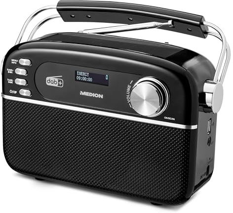 Radio solare portatile MEDION E66809 DAB Plus (design retrò, pannello solare, Bluetooth, DAB+ FM, batteria ricaricabile integrata, porta USB, AUX, spegnimento temporizzato, antenna telescopica) nera