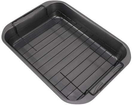 Sartén para asar con estante, sartén rectangular para parrilla, acero al carbono, mango de hierro, revestimiento antiadherente, apto para lavavajillas