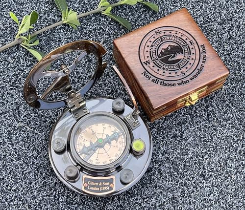 Bussola con meridiana in ottone, regalo personalizzato per uomo, bellissimo orologio con meridiana fatta a mano, orologio solare inciso per lui, decorazione antica (nero) - WOANIN