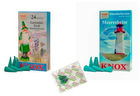 KNOX Räucherkerzen - 2er Set Der Duft des Meeres - Düfte: Lavendel, Meeresbrise - Menge: 48 Inclusive 3 Räucherkerzen als Proben vom Duft Meeresbriese - Made in Germany