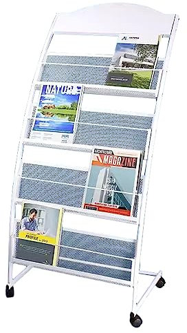 Weißer Zeitschriftenhalter aus Metall,tragbares Aufbewahrungsregal für Informationsliteratur mit Rollen,Mehrzweck-Flyer-Ausstellungsregal für das Wartezimmer
