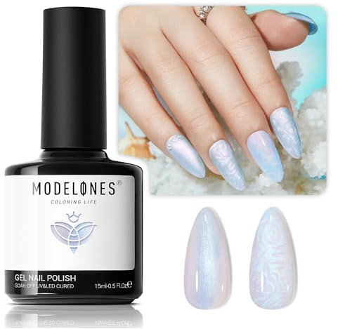 Modelones Pearl Blue Gel Nail Polish, 15ML 1Pc Shimmer Pearl White Mermaid Nail Drawing Glitter Gel Polish Soak Off Led Summer Nail Gel Polish Swirl Shell Thread Effect DIY