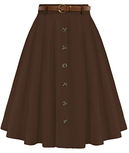 Belle Poque Women's Vintage Skirts Stretch High Waist A-Line Midi Skirts with Pockets & Belts Dark Brown