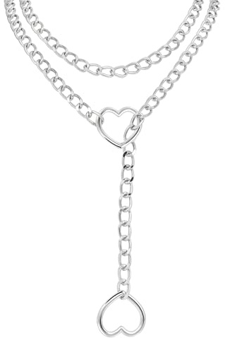 JJDreams Slip Chain Choker Necklaces Adjustable Silver Y Lariat Necklace for Women Punk Drop Heart-shaped Pendant Gothic Jewelry Long Cuban Link Chain Gift for Christmas-51