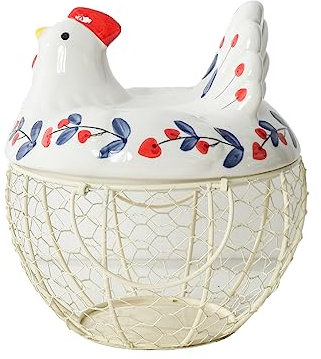 Portauovo di gallina, cestino per uova fresche, coperchio decorativo in ceramica con cestello in filo metallico, contiene 2 dozzine di uova