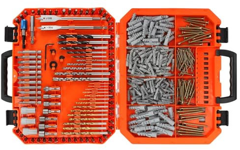 COMOWARE Drill Bits Set，195Pcs Drill Bits with 205Pcs Wall Plugs, Titanium Twist Dill Bits Brad Point Impact Driver Drill Bits Screwdriver Bits Set with Tough Case for Metal Concrete Masonry Wood