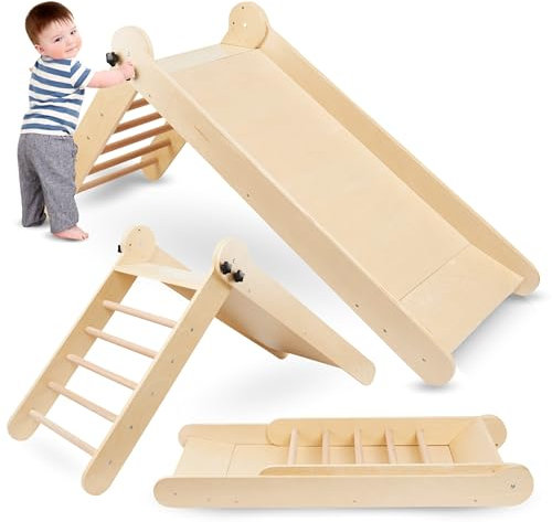 Mamabrum MAM202 Slide Kinderrutsche ab 3 Jahre - Klappbare Holzrutsche mit sicherer Leiter für drinnen - Qualitäts-Buchenholz Rutsche für aktiven Spielspaß