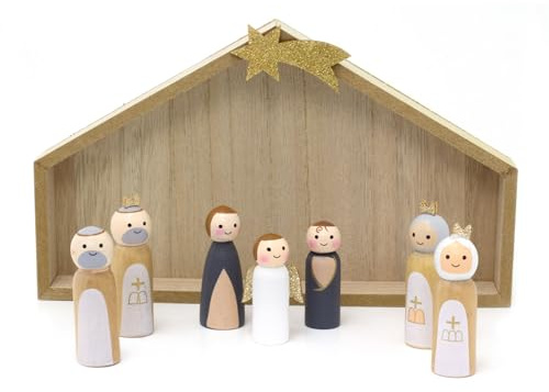 Carousel Home 7-Piece Wooden Nativity Scene with Mini Peg Figures & Stable | Traditional Keepsake Nativity Set & Stable | Christmas Stable Ornament with Figures