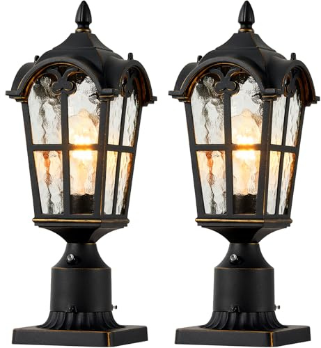 VIANIS Outdoor Post Lights 2 Pack, Black Dusk to Dawn Pole Lantern Lighting Fixture with Pier Mount Base, 100% Aluminum Exterior Post Lamp with Water Ripple Glass for Yard Patio Path(Hardwired 120VAC)