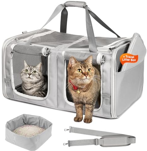 Katzentragetasche für 2 Katzen, 60 x 41 x 33 cm, große Katzentoilette mit Katzentoilette, Haustier-Tragetasche mit großartiger Belüftung, doppelte Haustier-Tragetasche mit Reißverschlussschlössern für