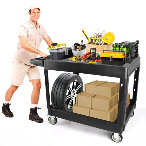 600 libras Carro Utilitario Sobre Ruedas, Kalolary Carro Rodante Capacidad Adicional 2 Niveles Carro Servicio Grande Multiusos con Asa Organizador Almacenamiento Negro Carro Herramientas Móvil Almacén