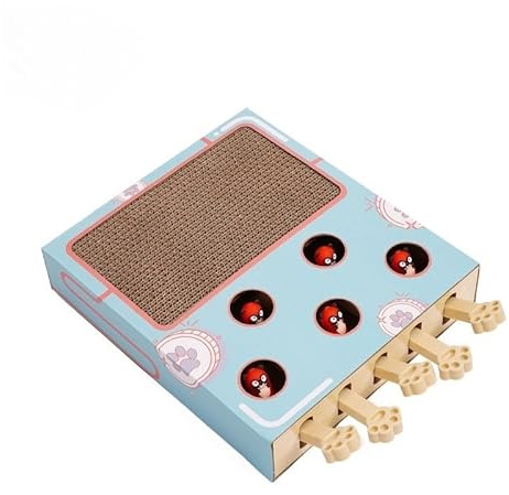 Permangallop Interaktives Katzenspielzeug, Holz, Spielzeug, Maulwurf Maus, Puzzle Box mit süßen Cartoon Spielzeugen für Katzen, Jagd, Spielen, Trainieren, Kratzen – 5 Löcher,A (A, Game)