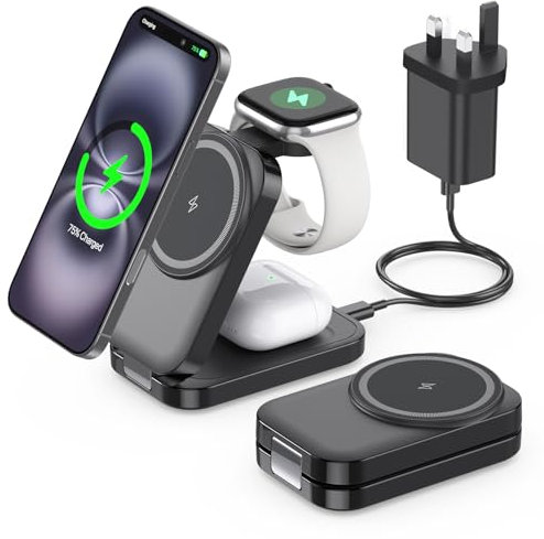 3 in 1 Wireless Charging Station for Apple,Foldable Magnetic Wireless Charger,15W Fast for MagSafe Charger Stand for iPhone 17/16/15/14/13,for Apple Watch,for AirPods