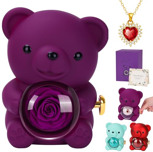 MestectPET Ewige Rosen Geschenkbox mit Herz Halskette, konservierter Rose Bärenbox Muttertag Valentinstag Hochzeitstag Geburtstag Weihnachten Geschenke für Mama Freundin Damen (Lila)